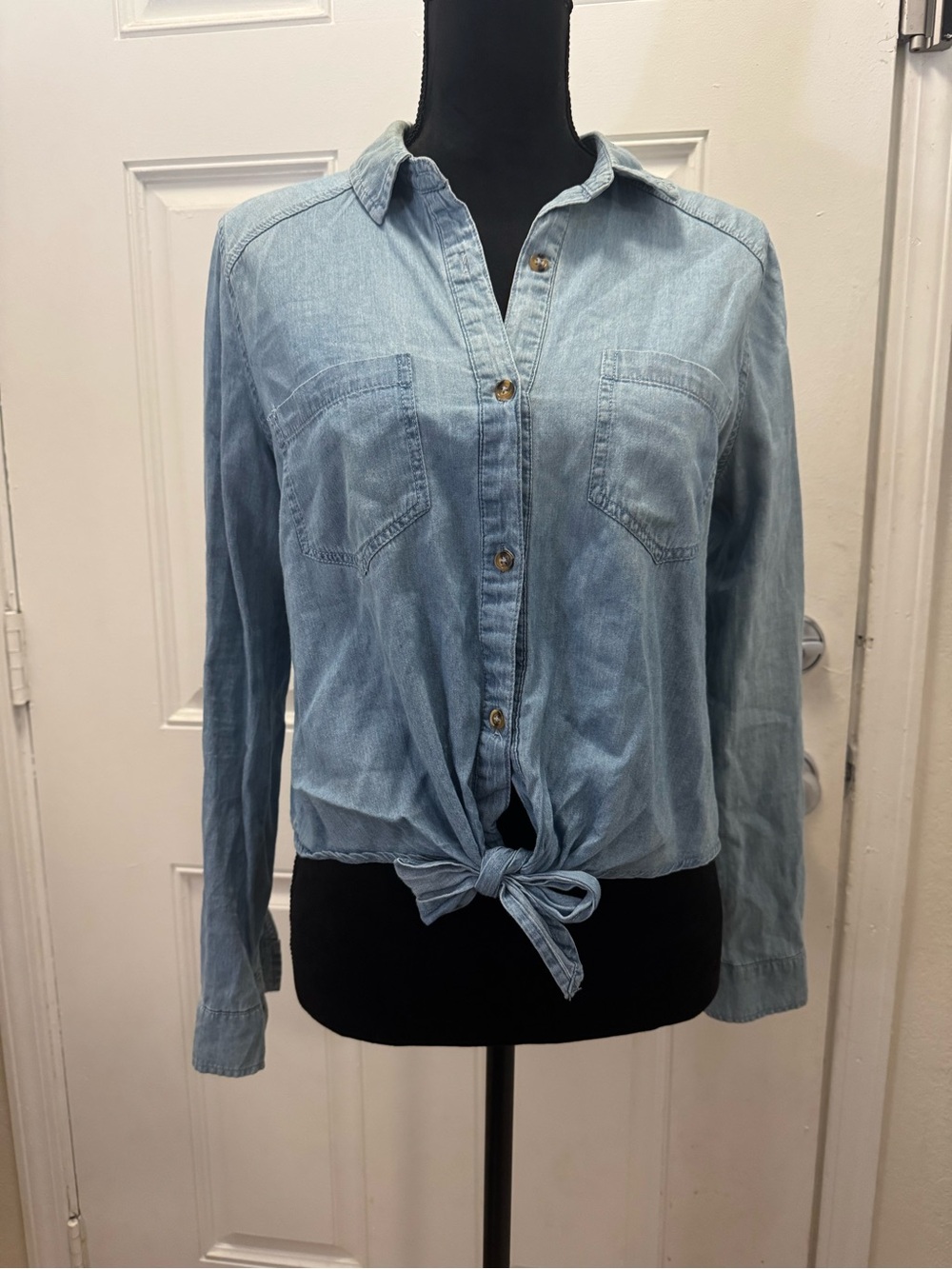 Wishful Park Light Blue Tie-Front Button-Down Shirt 0321